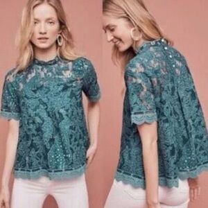 HD IN PARIS FOR ANTHROPOLOGIE Women’s Teal Peacock Lace Meadows Embroidered Lace